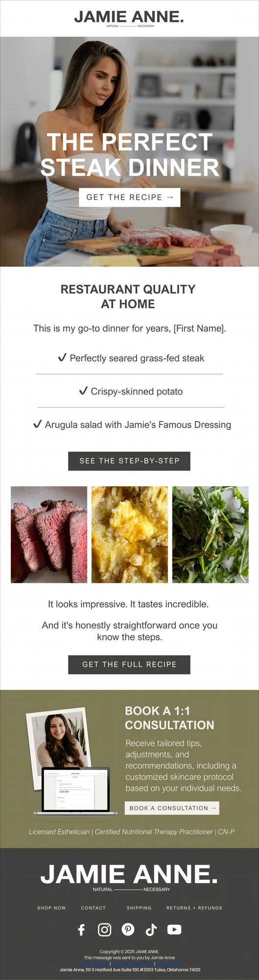 Recipe email. The perfect steak dinner, Jamie in the kitchen.